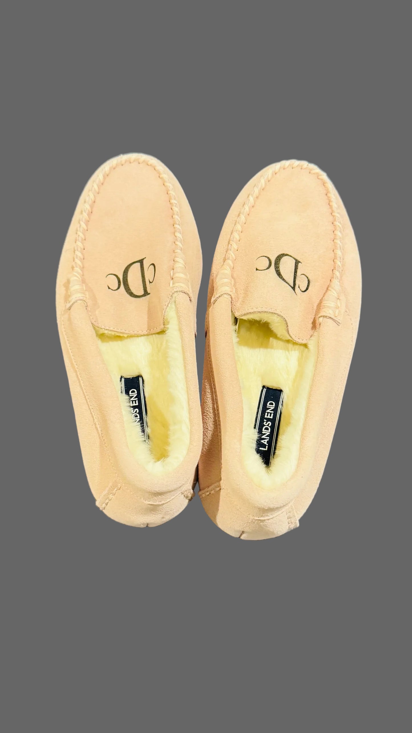 Lands' End Women's Suede Leather Moccasin Slippers Washed Pink Fur Interior - Size 7