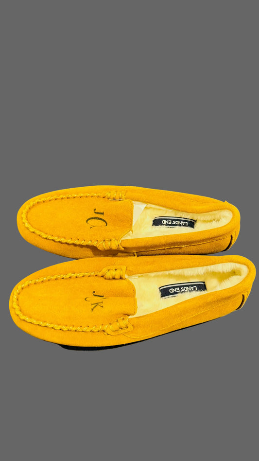 Lands' End Women's Suede Leather Moccasin Slippers English Tan Fur Interior - Size 8