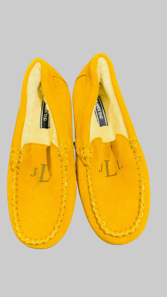 Lands' End Women's Suede Leather Moccasin Slippers English Tan Fur Interior - Size 8