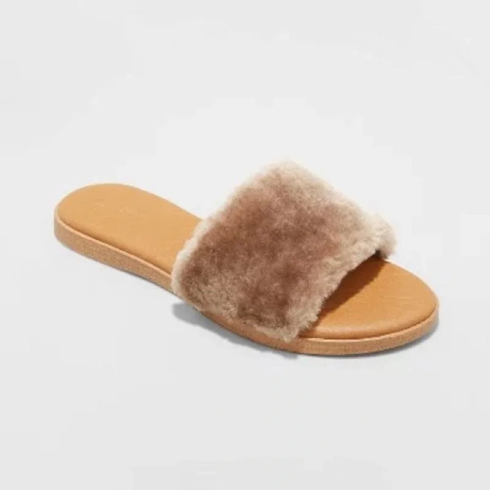 Women's Kara Faux Fur Slide Slippers Brown- Universal Thread - Size 12