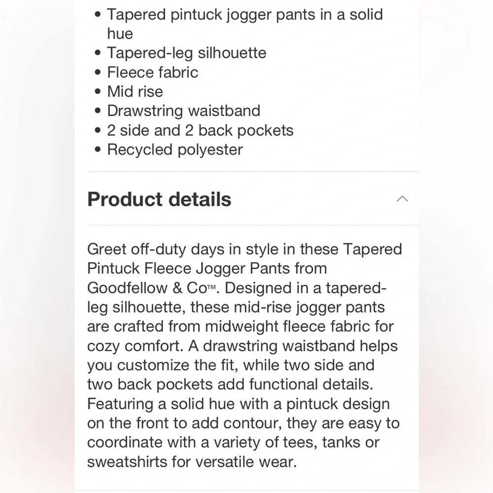 Men's Tapered Pintuck Fleece Jogger Pants - Goodfellow & Co - Choose Size