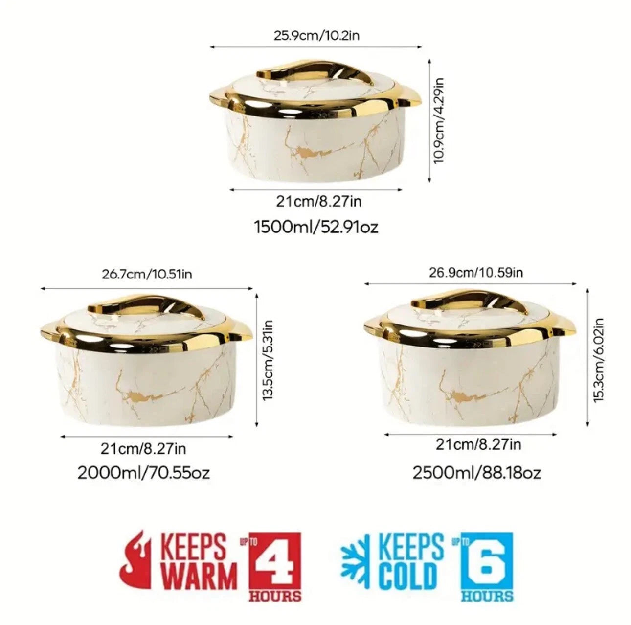 3Pcs Set Golden Touch Food Warmer Insulated Stainless-Steel Container - CHOOSE COLOR
