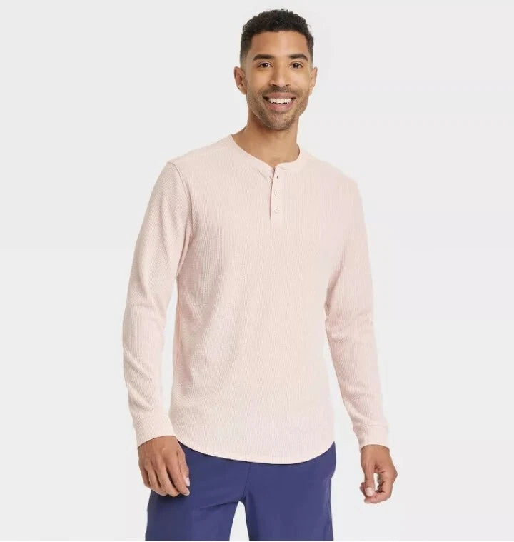 Men's Waffle Knit Long Sleeve 3 Button Henley Shirt All in Motion Rose Pink - Size XL, XXL