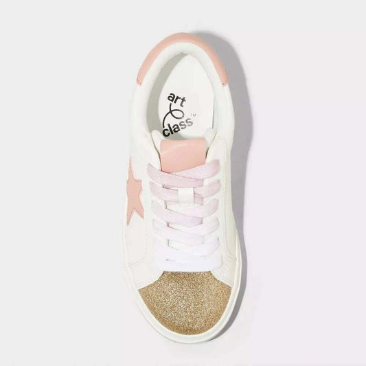 Art Class Girl Kaitlyn Court Sneakers Pink Stars Gold Sparkles White Shoe - Size 4