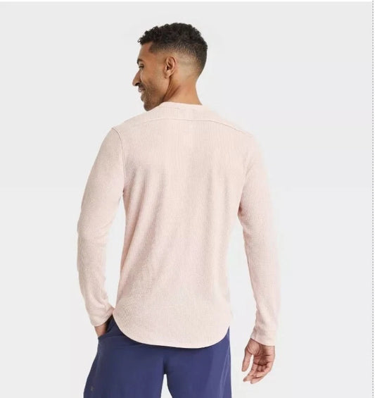 Men's Waffle Knit Long Sleeve 3 Button Henley Shirt All in Motion Rose Pink - Size XL, XXL