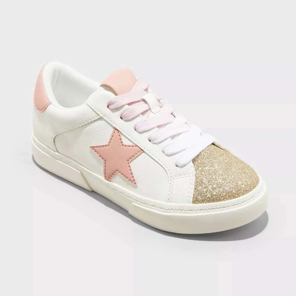 Art Class Girl Kaitlyn Court Sneakers Pink Stars Gold Sparkles White Shoe - Size 4
