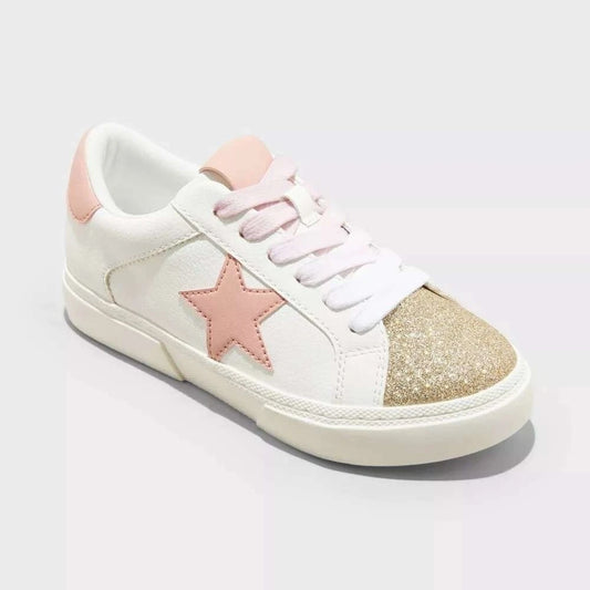 Art Class Girl Kaitlyn Court Sneakers Pink Stars Gold Sparkles White Shoe - Size 4