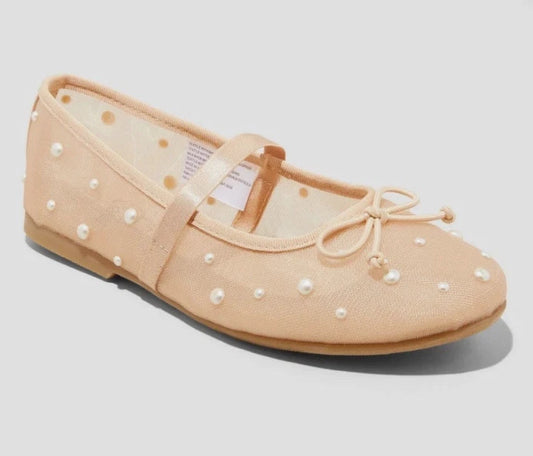 Kids' Fleur Mesh Pearl Ballet Flats Beige - art class - CHOOSE SIZE