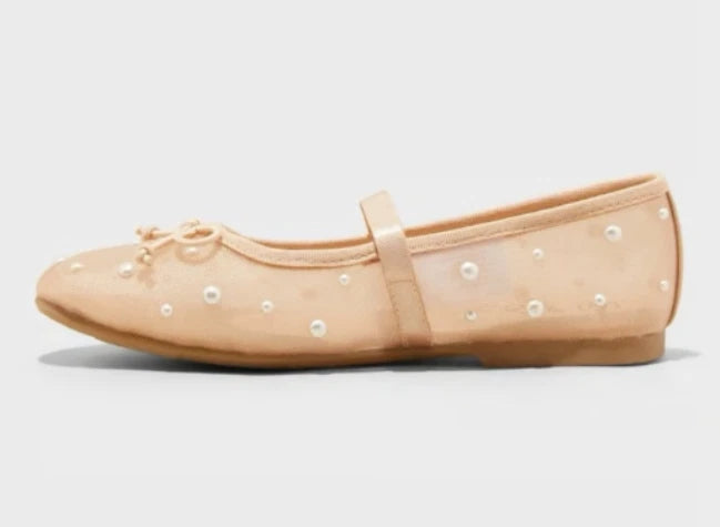 Kids' Fleur Mesh Pearl Ballet Flats Beige - art class - CHOOSE SIZE