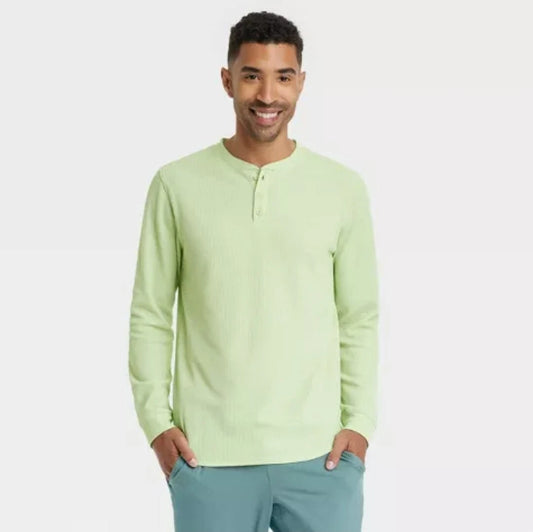 All In Motion Men's Long Sleeve 3 Button Textured Henley Shirt Light Green - Choose size