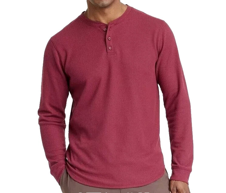 All In Motion Men's Long Sleeve 3 Button Waffle Knit Henley Shirt Red - Choose size