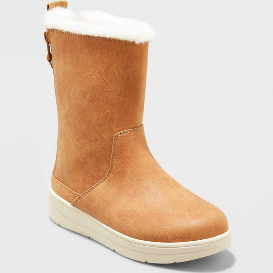 Cat & Jack Girl's Olive Double Zipper Shearling Boots Cognac - Size 2