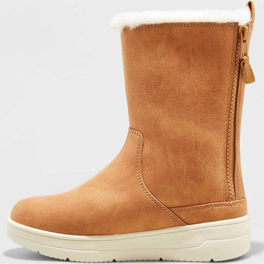 Cat & Jack Girl's Olive Double Zipper Shearling Boots Cognac - Size 2