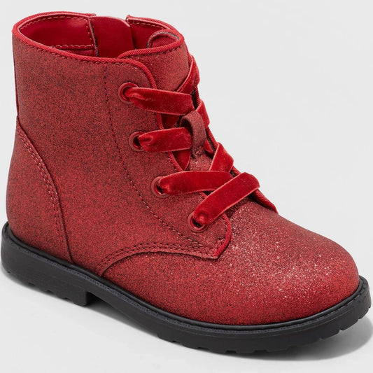 Cat & Jack Toddler Giovanna  Lace-Up Combat Boots Red  Glitter - Size 6